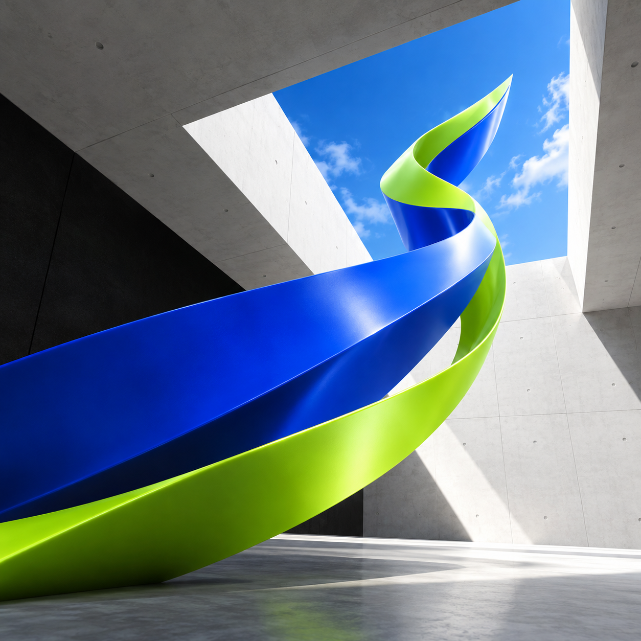 Blue and green forms accelerating upward through an opening